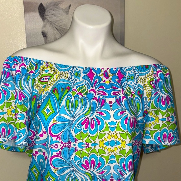 JUDE CONNALLY Aqua Pink Beautiful Colorful Elastic On Off Shoulder Top Size S - Picture 5 of 11